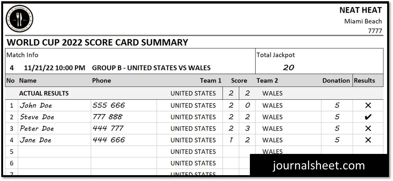 World Cup 2022 Score Card Game